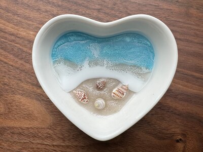 Blue Water Personalized Ring Dish, Beach Ceramic Heart Dish for Wedding Anniversary Gift for Engagement Gift from Realtor Side Table Decor - image6